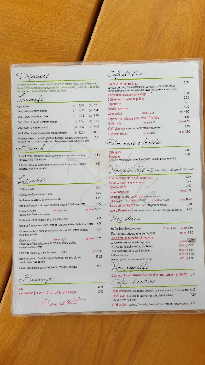 Menu, Rose Café
