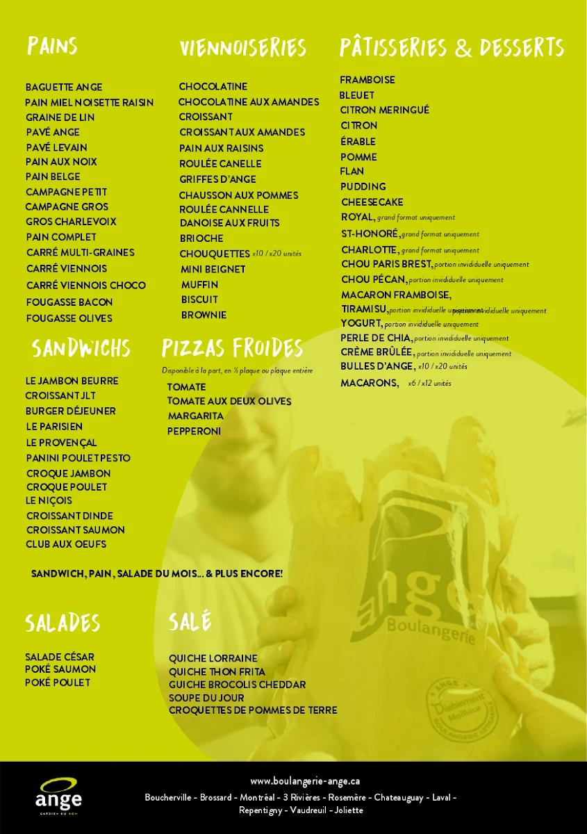 Menu, Boulangerie Ange - Vaudreuil