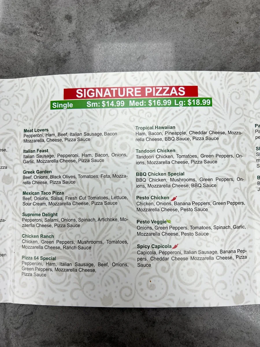 Menu, Pizza 64