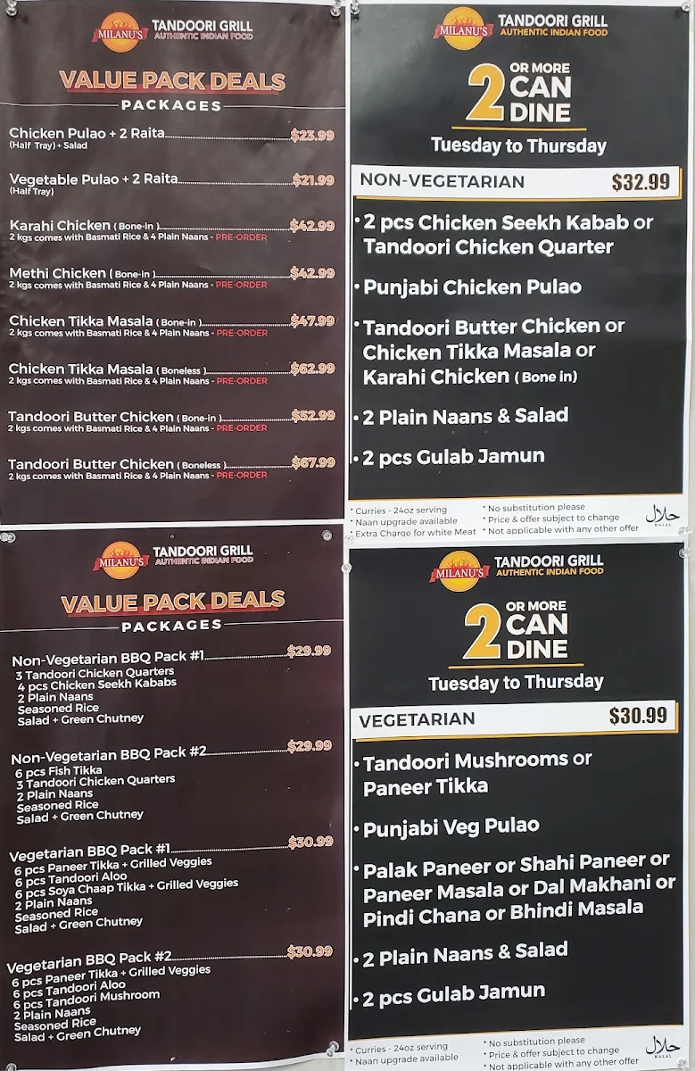 Menu, Milanu's Tandoori Grill