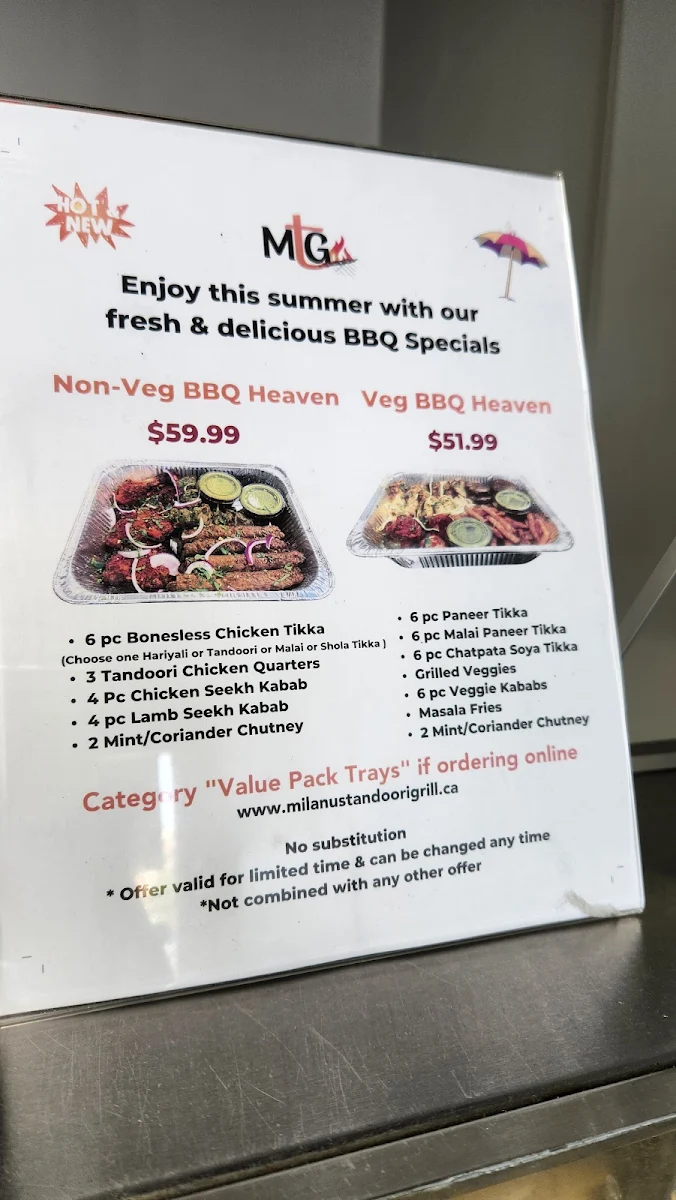 Menu, Milanu's Tandoori Grill