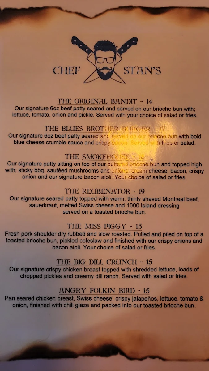 Menu, Chef Stan's Saloon