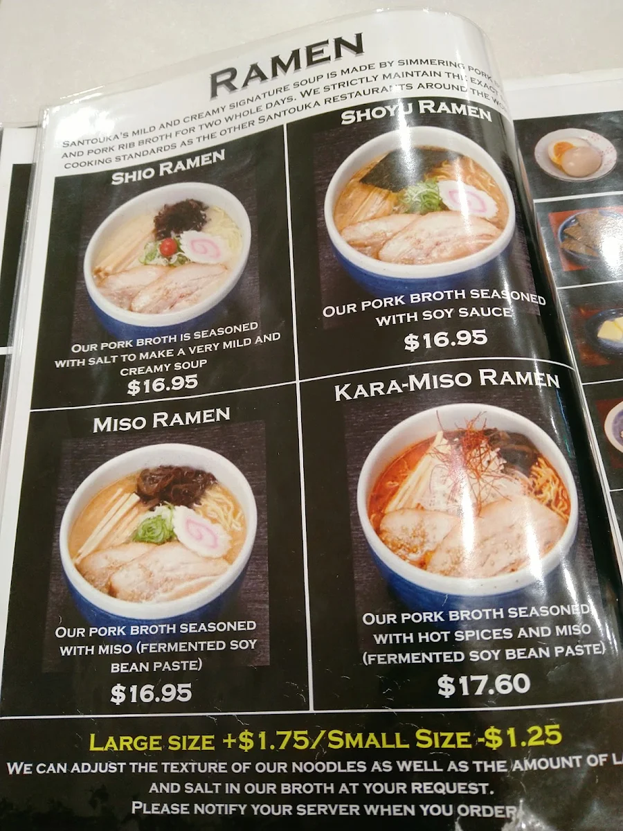 Menu, Hokkaido Ramen Santouka