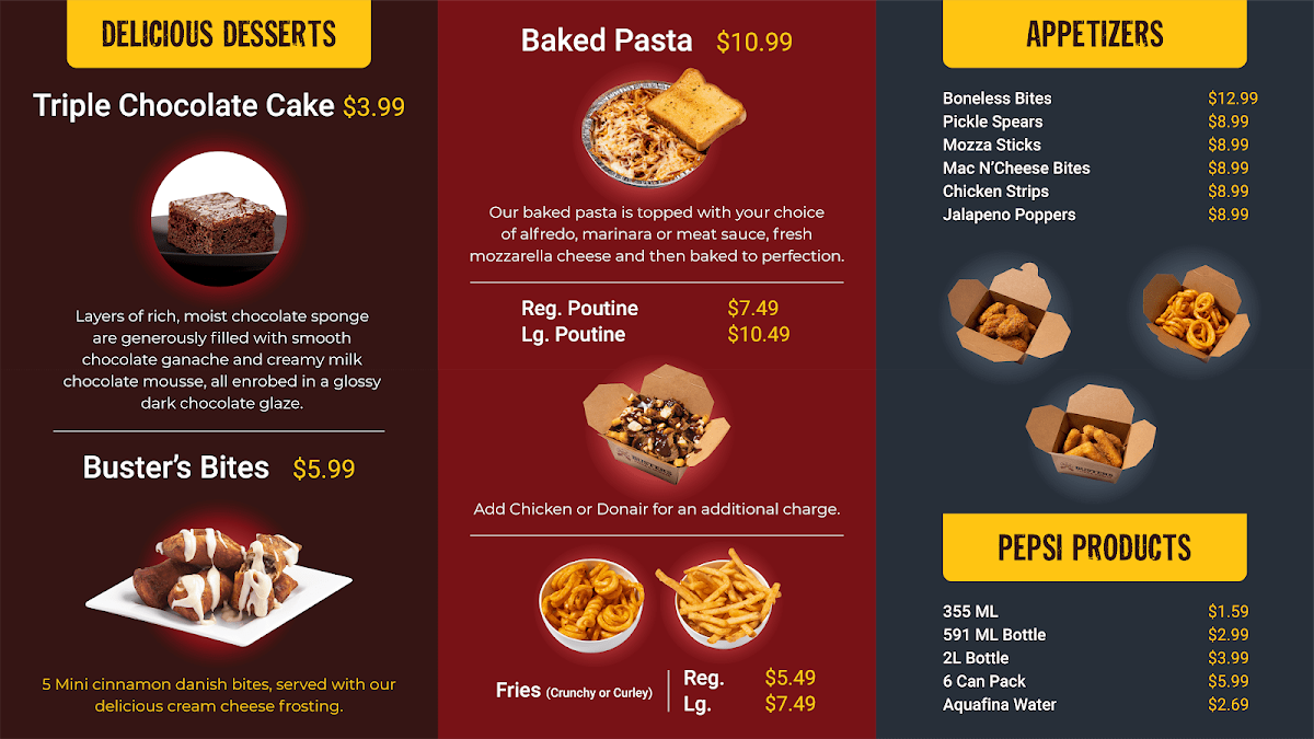 Menu, Buster's Pizza & Donair