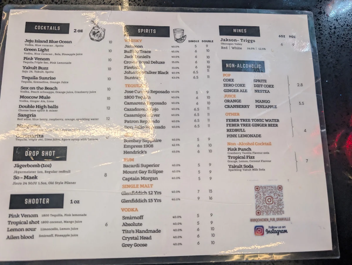 Menu, bbq Chicken & Pub Granville