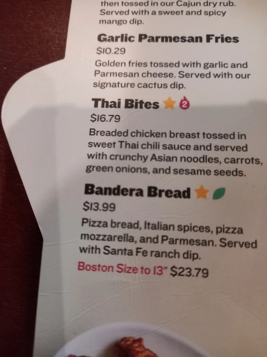 Menu, Boston Pizza