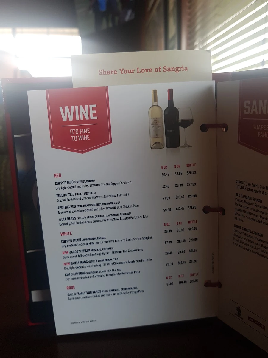 Menu, Boston Pizza