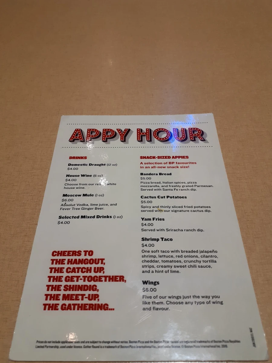 Menu, Boston Pizza