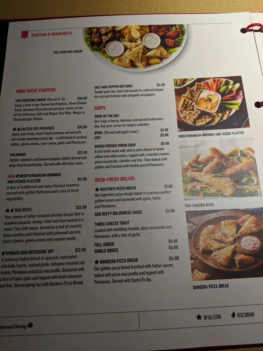 Menu, Boston Pizza
