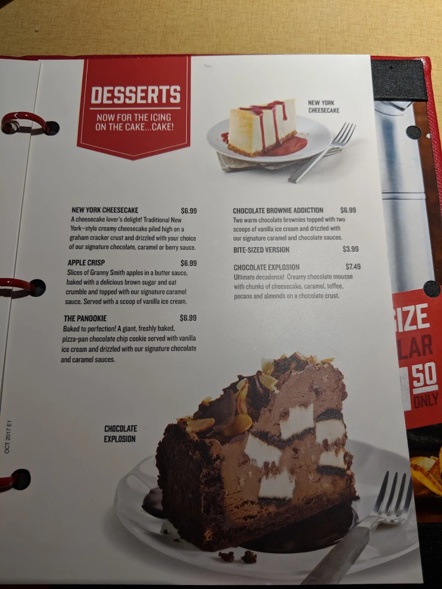 Menu, Boston Pizza