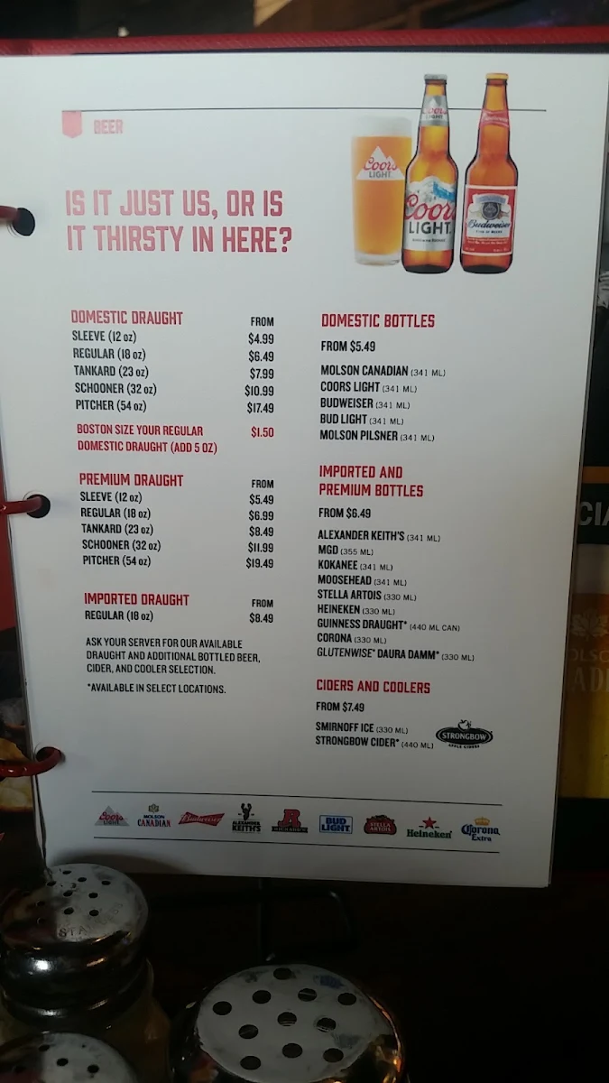Menu, Boston Pizza