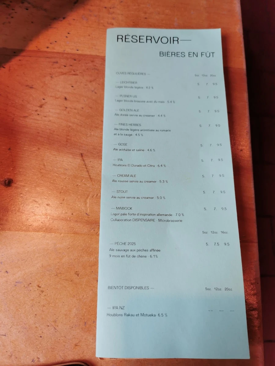 Menu, Réservoir - Brasseur
