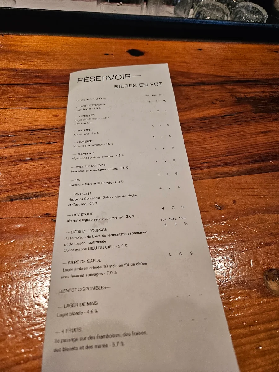 Menu, Réservoir - Brasseur