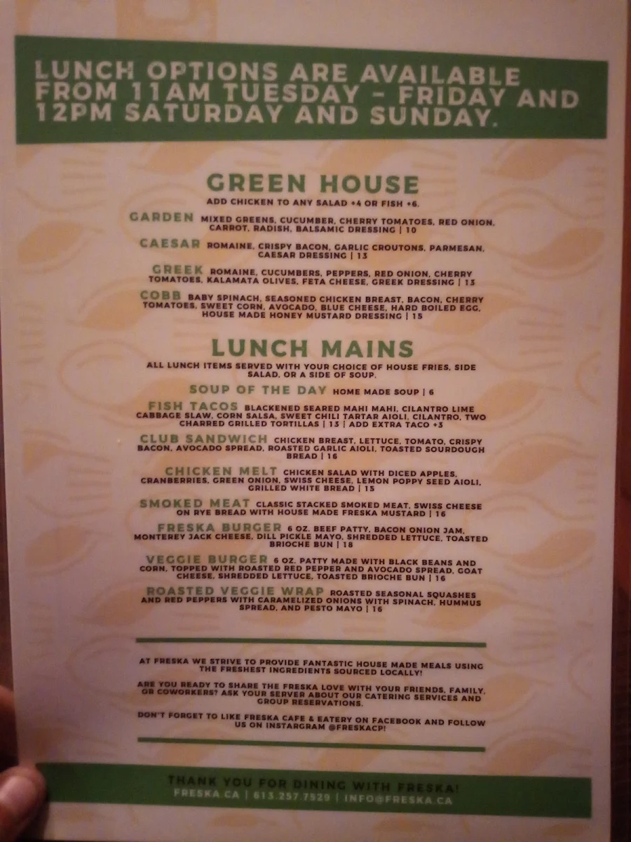 Menu, FRESKA Café & Eatery
