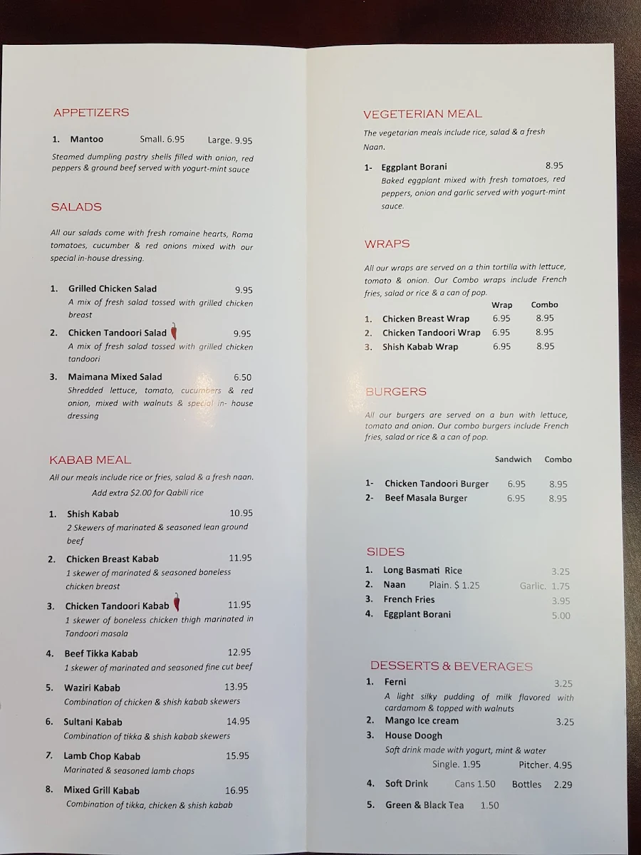 Menu, Maimana Naan & Kabab
