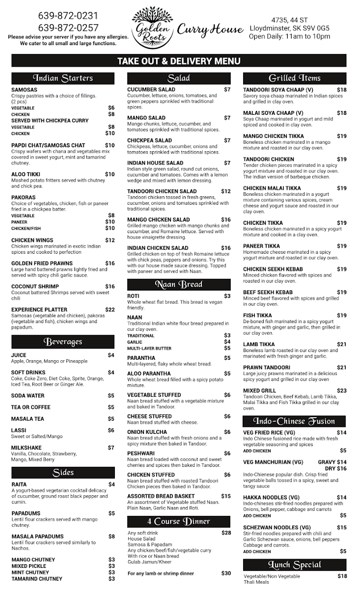 Menu, Golden Roots Curry House
