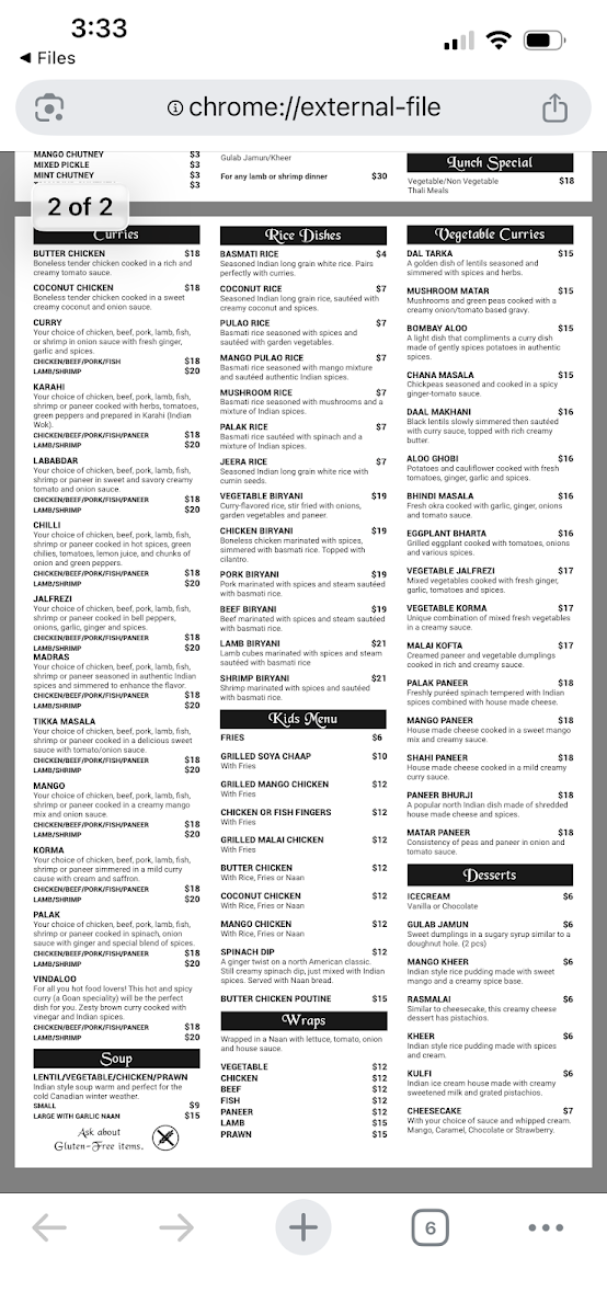 Menu, Golden Roots Curry House
