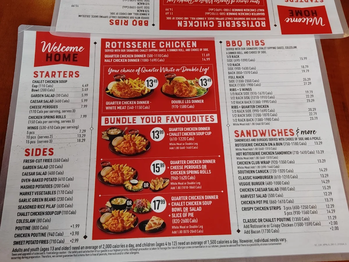 Menu, Swiss Chalet