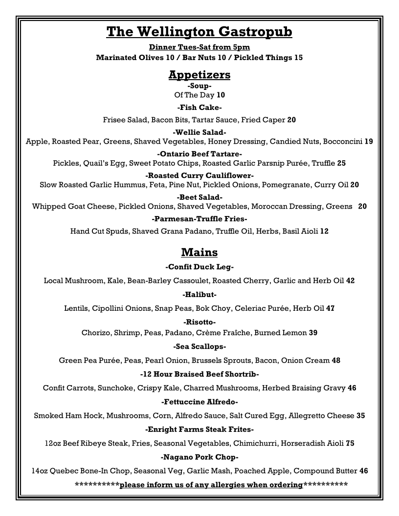 Menu, Wellington Gastropub