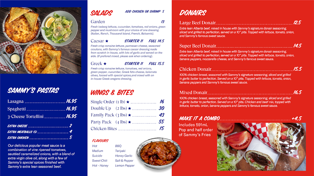 Menu, Sammy's Worlds Greatest Pizza