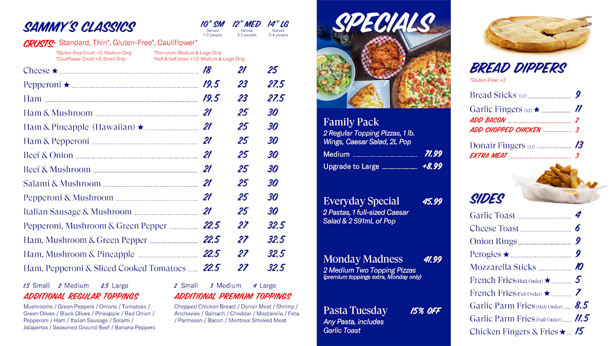 Menu, Sammy's Worlds Greatest Pizza