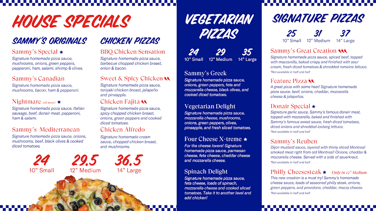 Menu, Sammy's Worlds Greatest Pizza