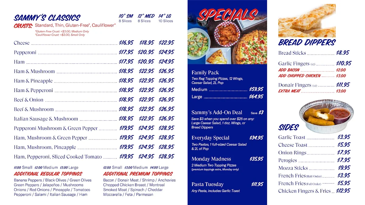 Menu, Sammy's Worlds Greatest Pizza
