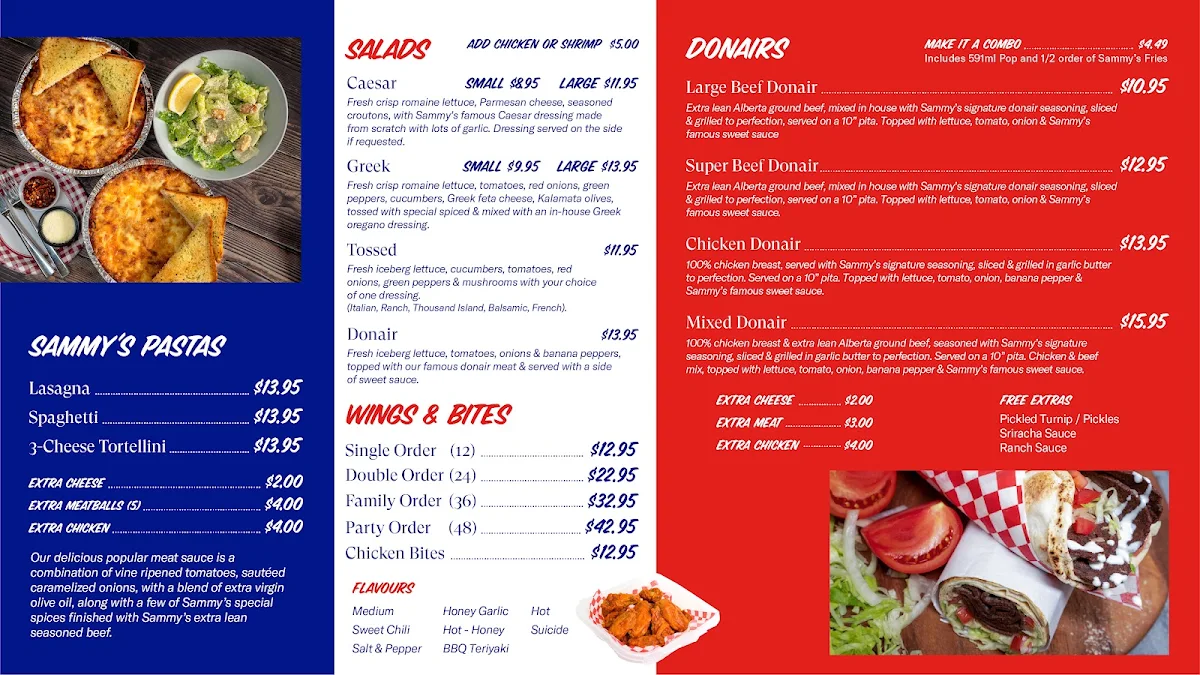 Menu, Sammy's Worlds Greatest Pizza