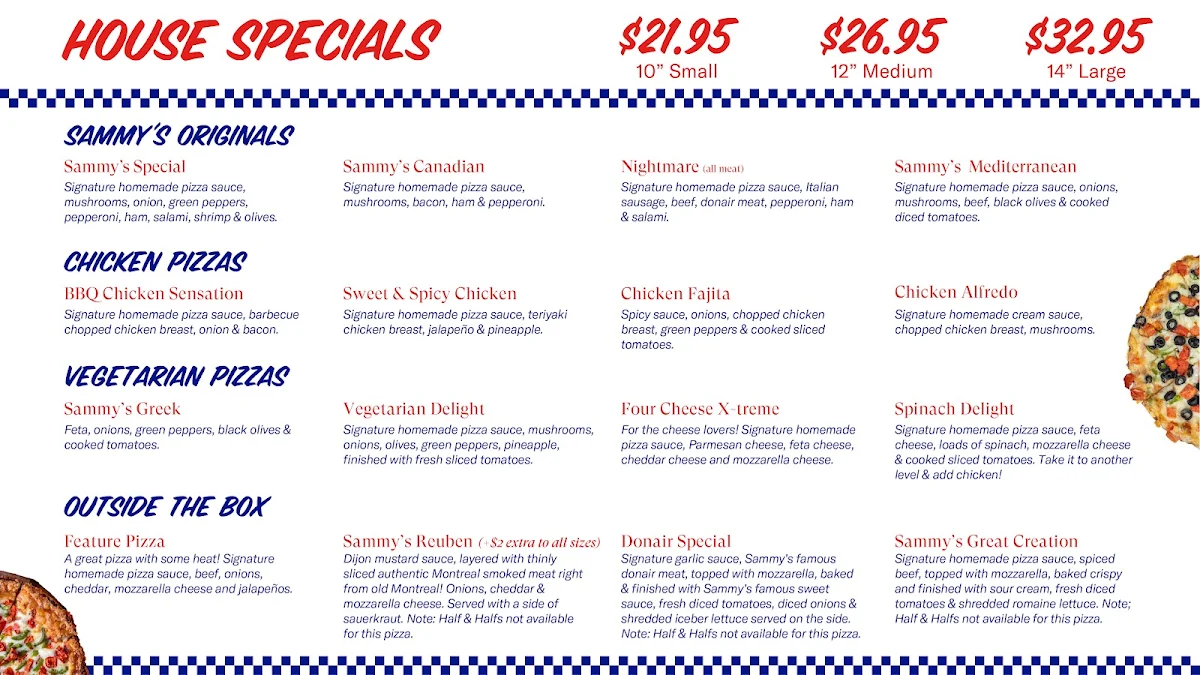 Menu, Sammy's Worlds Greatest Pizza