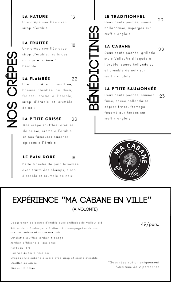 Menu, Restaurant Ma cabane en ville