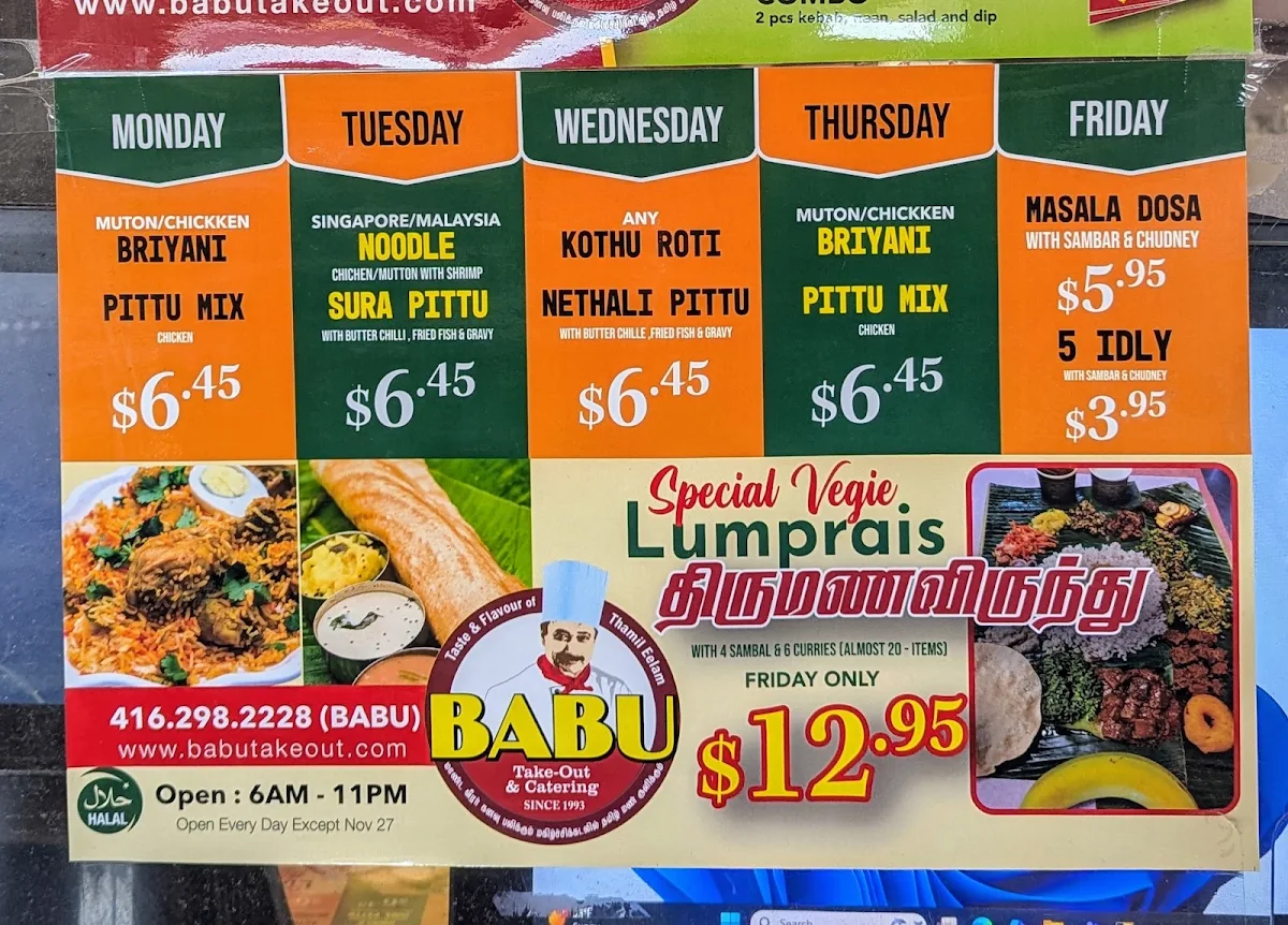 Menu, Babu Takeout And Catering
