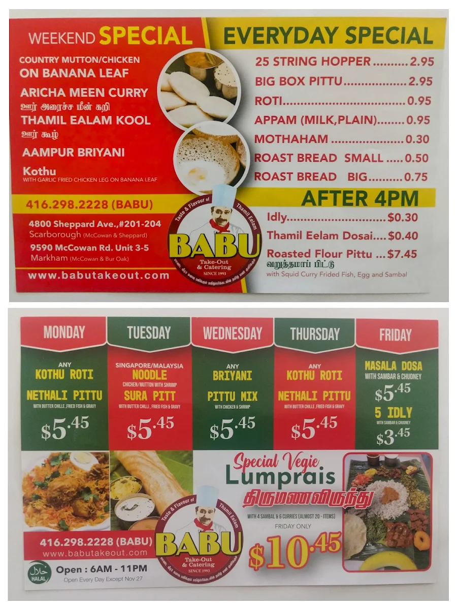 Menu, Babu Takeout And Catering
