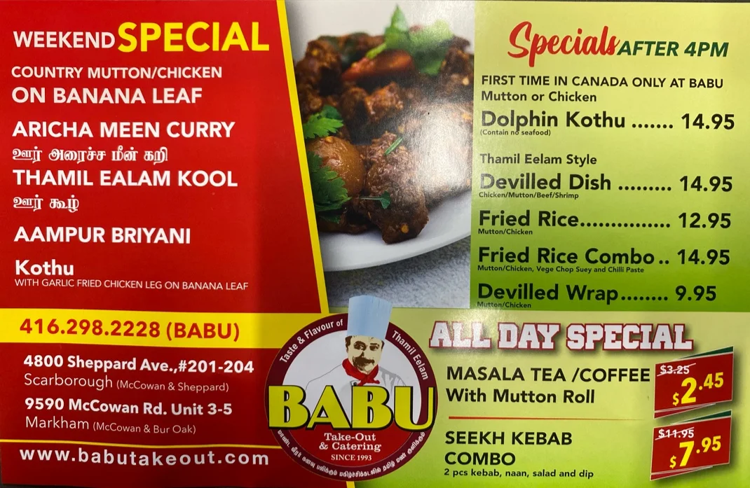 Menu, Babu Takeout And Catering