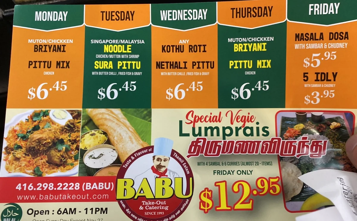 Menu, Babu Takeout And Catering