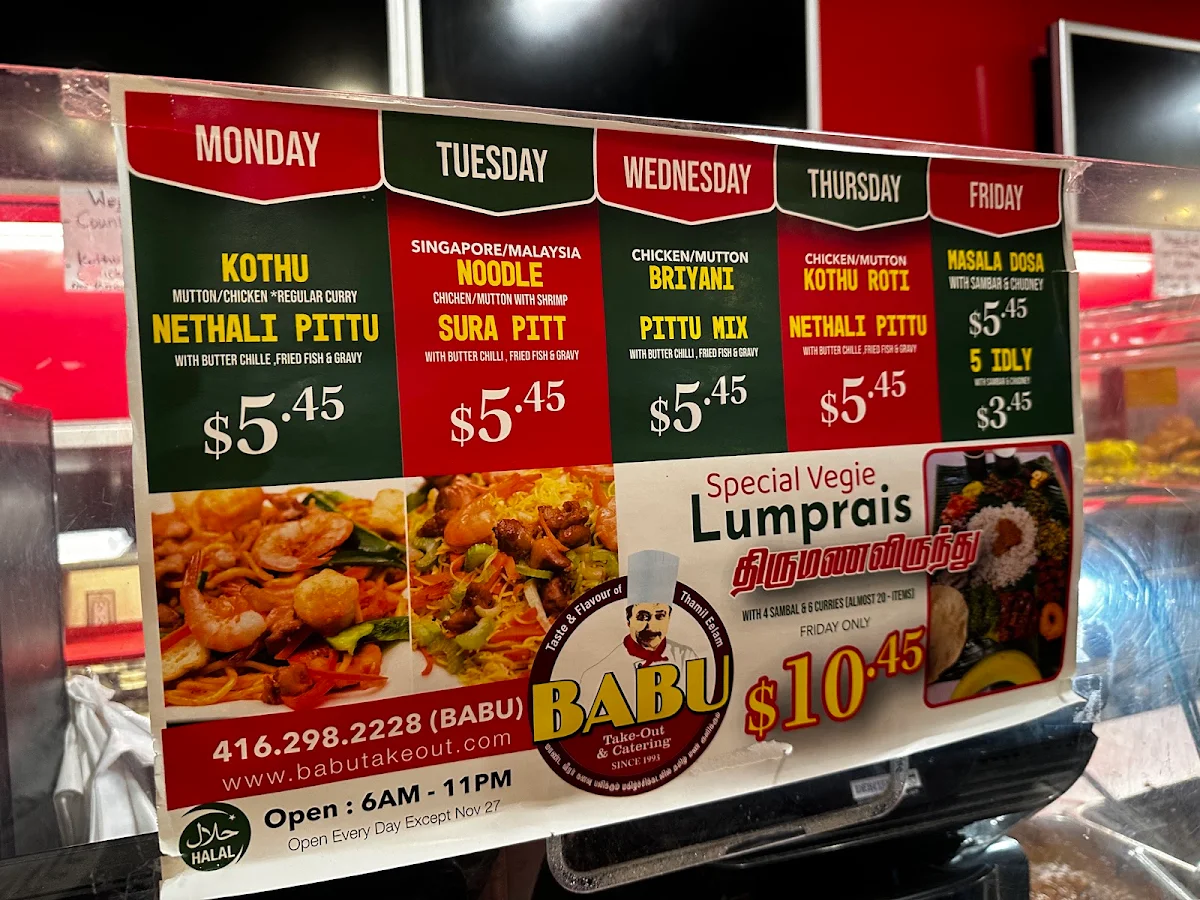 Menu, Babu Takeout And Catering