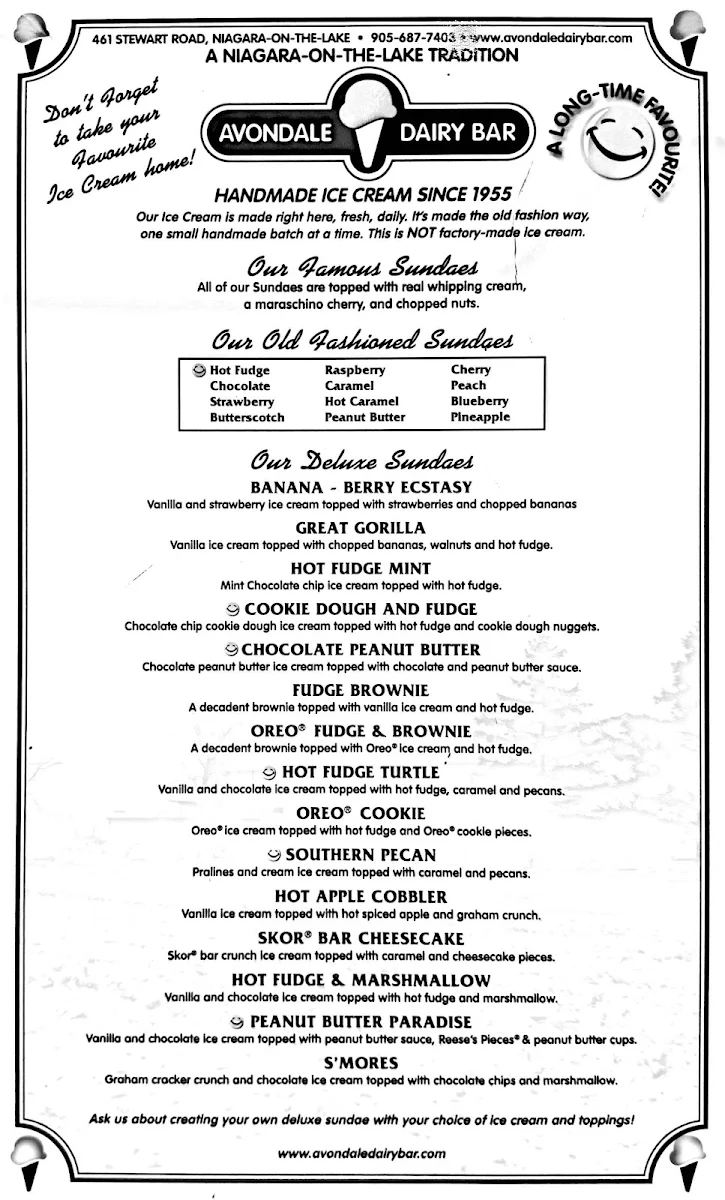 Menu, Avondale Dairy Bar