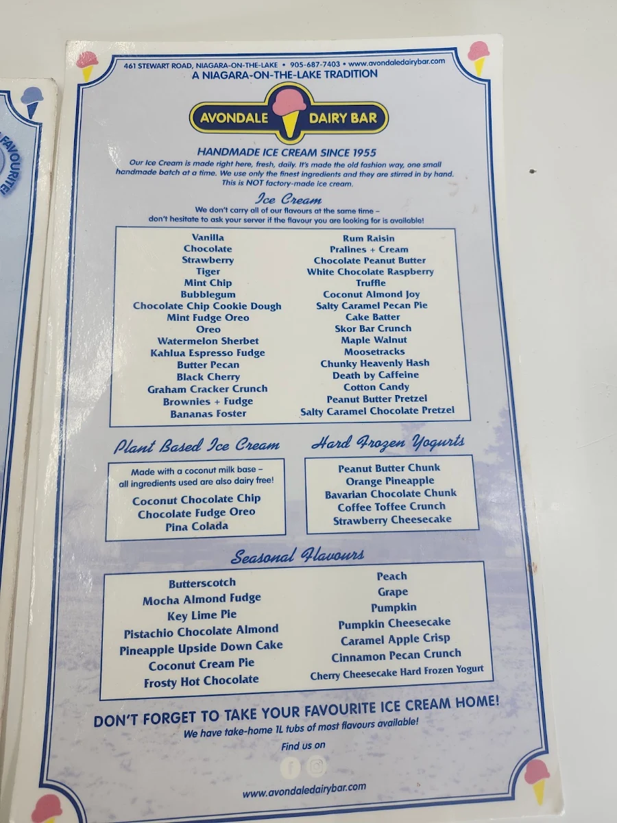 Menu, Avondale Dairy Bar