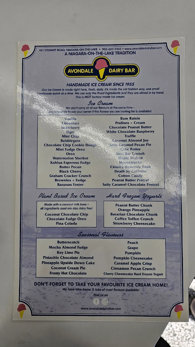Menu, Avondale Dairy Bar