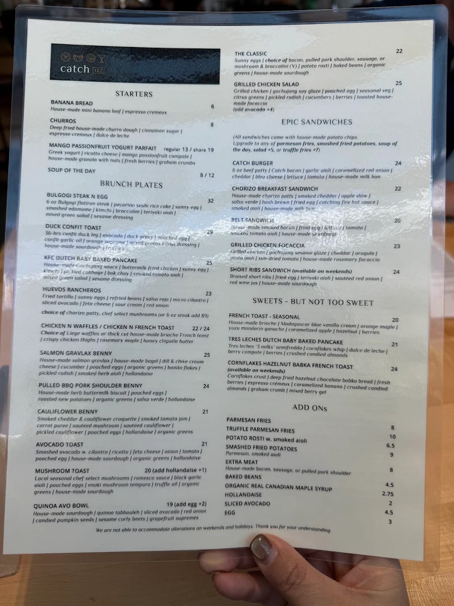 Menu, Catch 122 Cafe Bistro