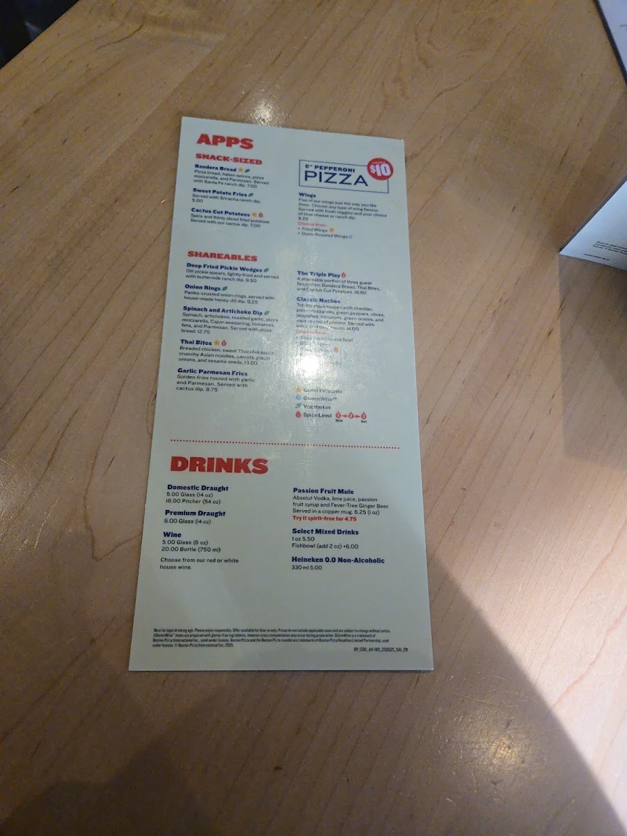 Menu, Boston Pizza