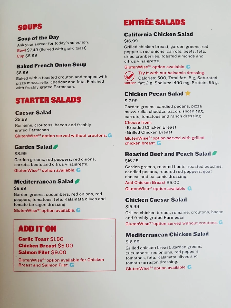 Menu, Boston Pizza