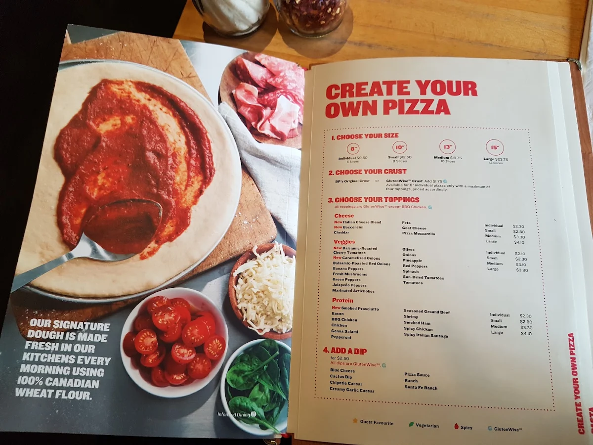 Menu, Boston Pizza