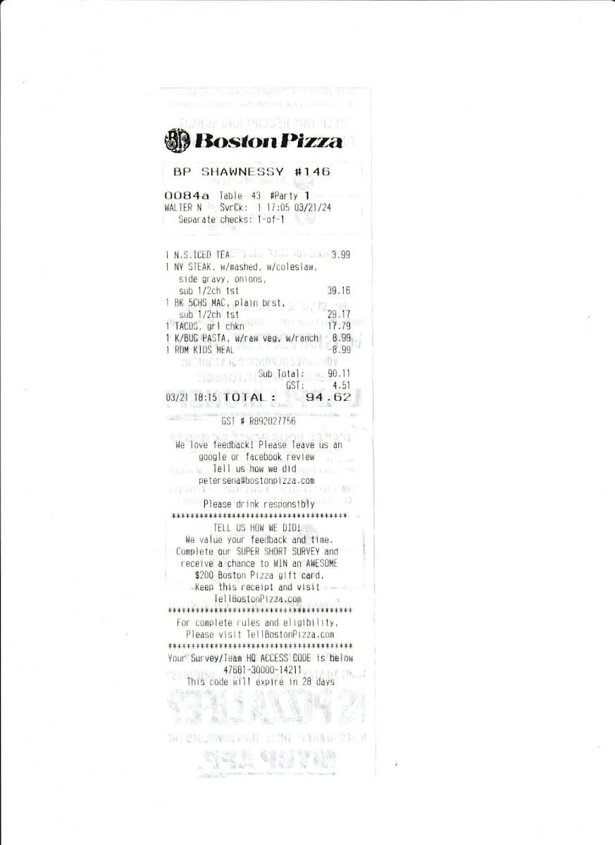 Menu, Boston Pizza