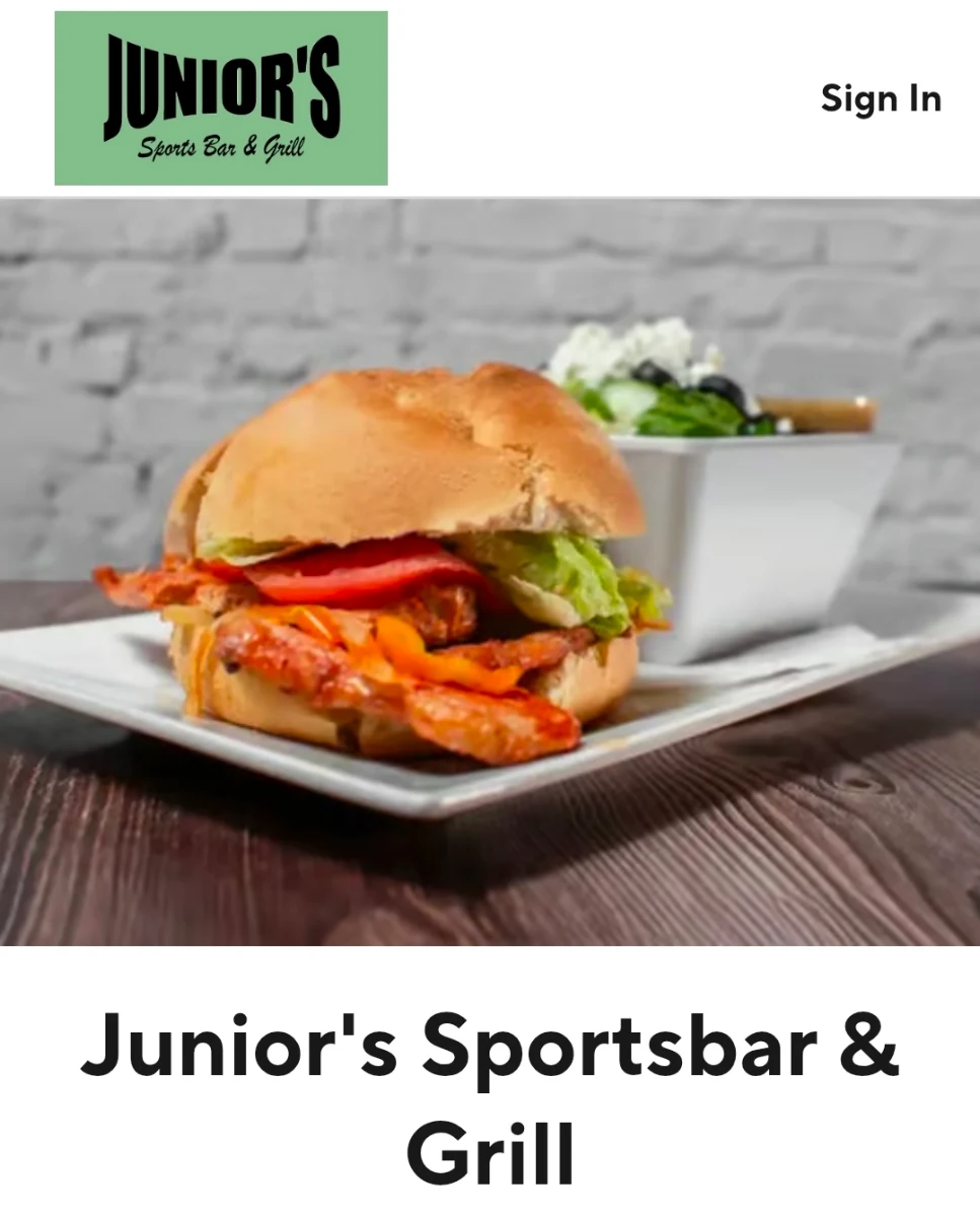 Menu, Junior's Sportsbar & Grill