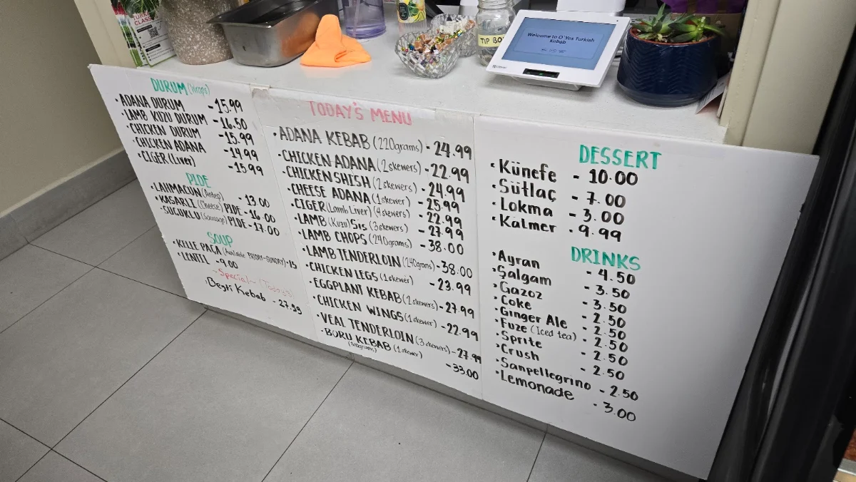 Menu, O Yes Kebab