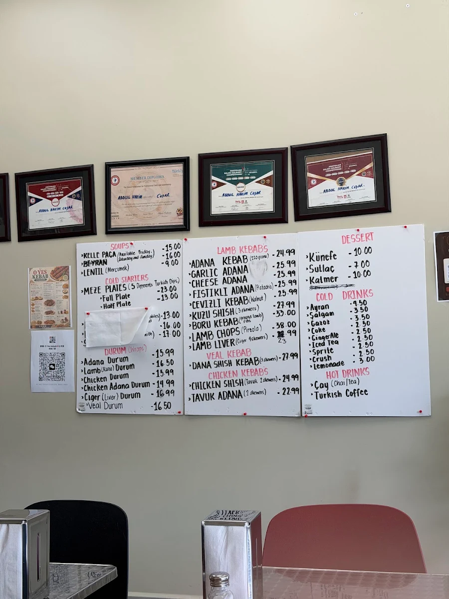 Menu, O Yes Kebab