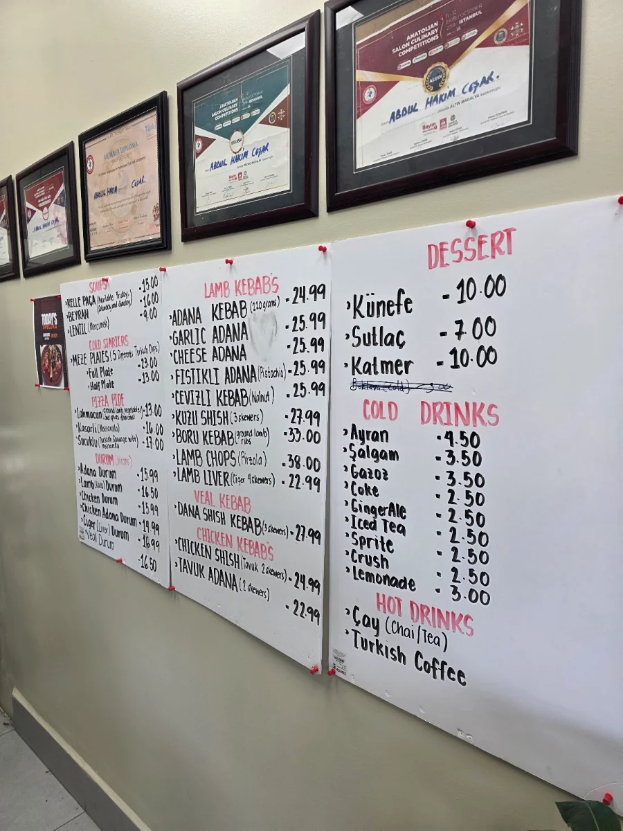 Menu, O Yes Kebab