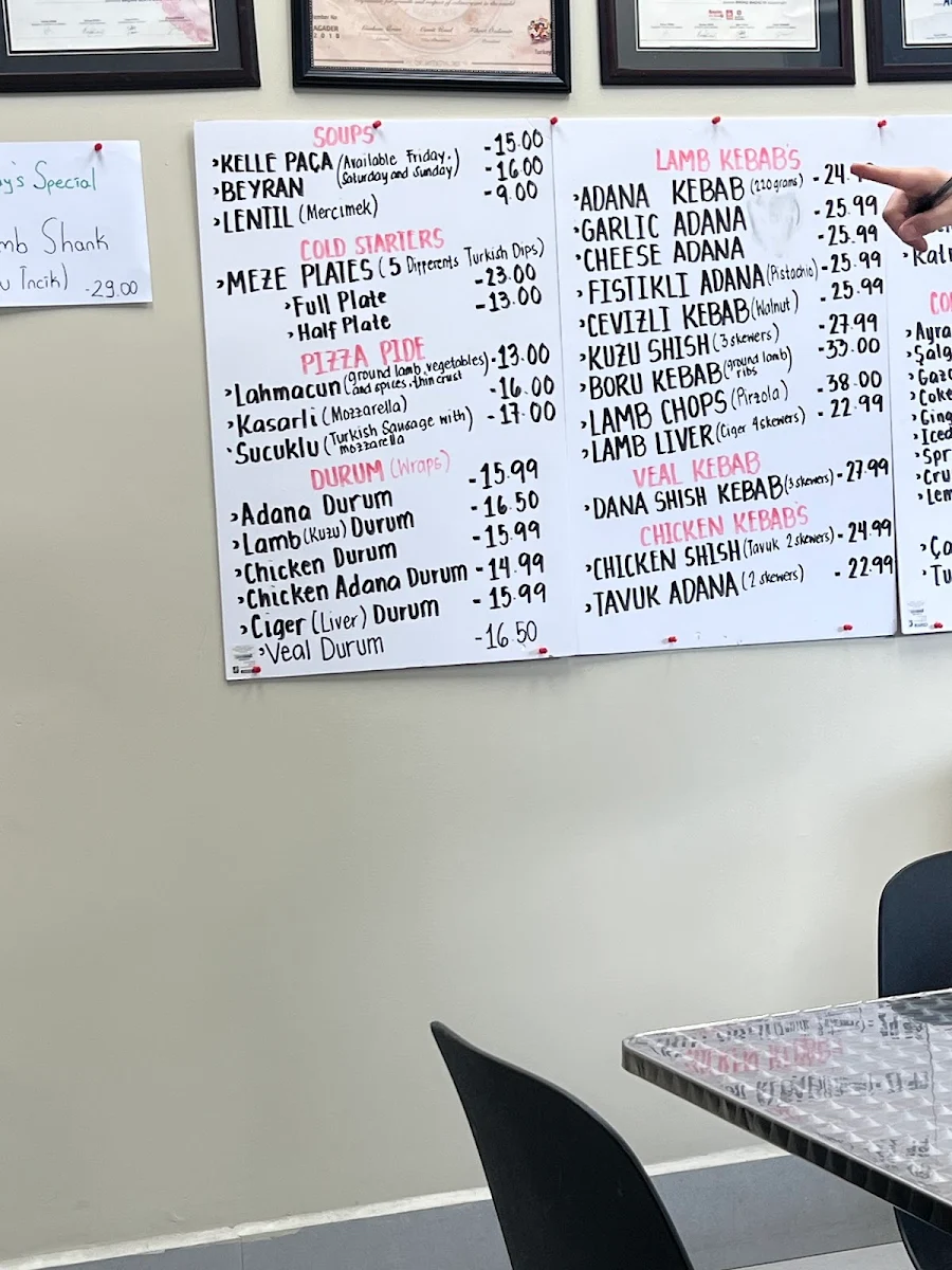 Menu, O Yes Kebab