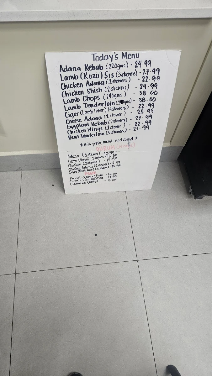 Menu, O Yes Kebab