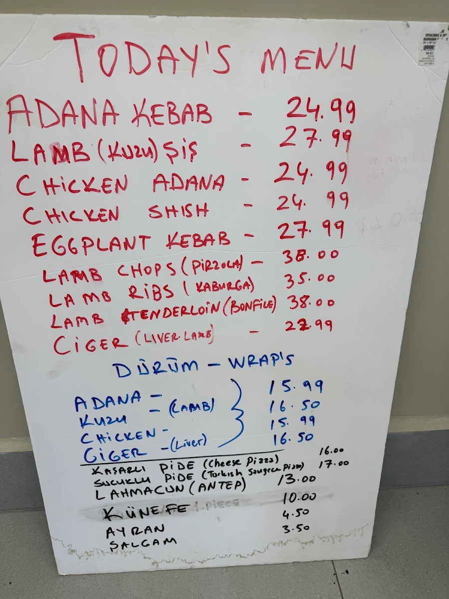 Menu, O Yes Kebab